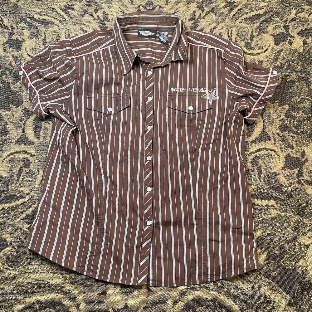 Vtg Harley Davidson Striped Shirt Snap Button Star Embroidered Womens Size XL